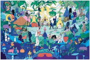 A wide, detailed illustration in a vibrant, graphic style, showing a surreal and crowded landscape. The fantastical garden is filled with giant fruits, vegetables, and oversized mushrooms. Dozens of diverse people are scattered throughout, playing musical instruments, gathering food, and socializing in the multi-layered scene that shifts from a dark blue foreground to a bright, sunlit background.