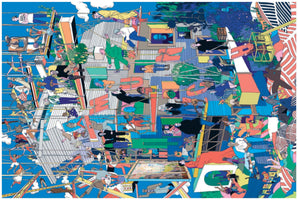 A vibrant and chaotic overhead illustration, presented sideways, shows a dense, multi-level urban scene. Dozens of cartoonish people are scattered across a complex structure of scaffolding and rooftops. Large, colorful letters spelling LONG NEW YEAR are integrated into the architecture, with people walking and resting on them amidst plants and various objects under a bright blue sky.