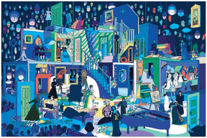 A vibrant and surreal illustration of a multi-story building in cross-section, filled with numerous people from different eras. The rooms, rendered in blues, purples, and greens, show characters painting, playing pianos, writing, and acting. The dark sky background is populated with dozens of floating, stylized faces, and an audience watches the chaotic, theatrical scene from below.