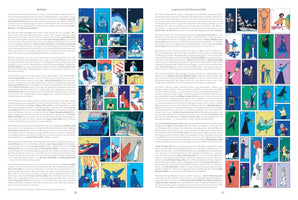 A two-page spread from a German-language publication, pages 28 and 29. The left page is titled Bettzeit and the right is titled Inspirierende Wissenschaft. Each page consists of a column of text next to a large grid of dozens of small, numbered, colorful illustrations corresponding to the theme of the page's title.