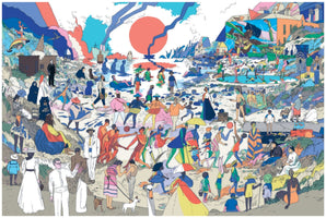 A vibrant and surreal panoramic illustration of a crowded beach, filled with an eclectic mix of people in both modern and old-fashioned attire. Individuals are swimming, playing, and relaxing on the shore under a large orange sun. The background features stylized, colorful cliffs and a town on a hillside, creating a chaotic and dreamlike scene.