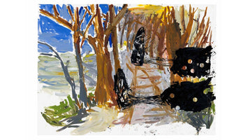 An abstract expressionist painting of a wooded landscape. On the left, leafless brown trees stand against a bright blue sky and a pale, distant horizon. A path appears to lead into the woods, where large, chaotic black shapes and scribbles interrupt the scene on the right. Two of the black forms have several light-colored circles within them. The brushwork is loose and energetic.