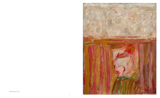 An art book page displaying the 1960 expressionist painting Kopf (Munch). The vertical oil painting has thick, textured brushstrokes. The top third is a block of off-white and cream paint. The bottom two-thirds features an abstracted, pale figure with red details against a background of vertical red and ochre stripes.