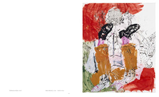 A two-page book spread. The left page is white with text at the bottom left. The right page displays a chaotic, abstract, mixed-media painting on a white background. The artwork features a central figure rendered in broad, gestural brushstrokes of ochre, pink, and green, with intricate black ink line drawings overlaid. The figure has two black shoes kicked up towards a large patch of bright red paint at the top of the composition.