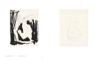 A book page displaying two drawings side by side. On the left is an abstract black ink and pencil drawing with bold, dark shapes and lines. On the right is a very faint and minimalist pencil sketch of a stylized, upside-down face. Text at the bottom reads Roy Lichtenstein, 2018.