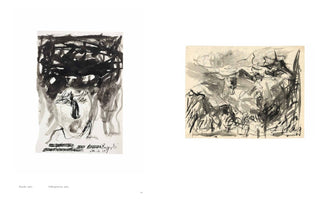 A book page displaying two abstract black ink and wash drawings from 1960. On the left, a vertical self-portrait shows a face rendered with expressive, loose lines, under a dense, chaotic mass of black brushstrokes resembling a crown. On the right is a squarish, tumultuous composition filled with energetic, tangled lines and gray washes.