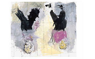 A neo-expressionist painting of two abstract figures hanging upside down against a muted background. Their bodies are formed from thick, black brushstrokes, while their heads are scribbled ovals of yellow and white at the bottom. Accents of pink color a hand on the left figure and the lower torso of the right. The background is a wash of grey and pale yellow, overlaid with a thin black grid and paint splatters.