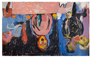 A large, colorful neo-expressionist painting presented upside down. The abstract scene depicts several inverted figures with thick black brushstrokes gathered around a large pink rectangle resembling a table. A central figure has a yellow and red face with an open mouth, set against a vibrant blue background.