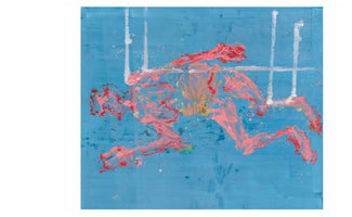 An abstract expressionist painting on a blue background. A figure composed of energetic pink and red brushstrokes is depicted in a horizontal, leaping motion. Above the figure, thick white lines form a structure resembling a hurdle, with paint splatters scattered across the scene.