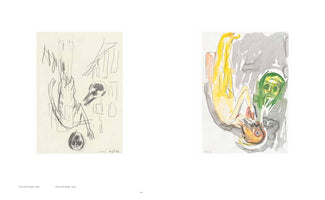 A page layout showing two expressionist artworks by Edvards Kopf from 1983. On the left is a graphite sketch of an inverted, contorted figure with abstract shapes and a separate bird-like skull. On the right is a watercolor painting of the same scene, showing the figure in yellow with a bird-like head, and a floating green mask against a gray wash background.