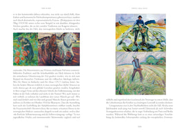 A two-page spread from an art book, pages 558 and 559, with German text. The left page features a colorful, expressionist painting of a brown and a white horse. The right page displays two vertically arranged paintings of farmers working in fields; one seen from a low, distorted perspective, and the other using a scythe.