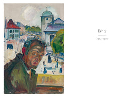 An expressionist painting shown on the left, next to text on a white background on the right. The painting is a self-portrait of a man with a tense, wide-eyed expression in the foreground. Behind him is a bustling European town square with buildings and small figures, all rendered in agitated, colorful brushstrokes. The text on the right reads Ernte, (1914-1920).