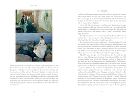 A two-page spread from an art book in German, with pages numbered 112 and 113. The text surrounds two paintings. The top painting shows a man and woman sitting in a sparse room by a window. The bottom painting shows a woman in a white dress sitting on a rocky shore, looking toward the water.