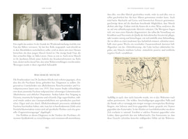 A two-page spread from a German-language book, pages 464 and 465. The left page features a triptych of three historical black-and-white photographs above two paragraphs of text. The right page shows a line drawing of a person undergoing a medical procedure, surrounded by more text.