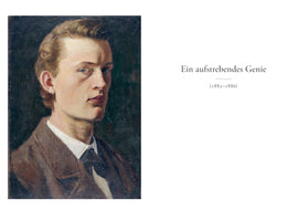 A vertical oil portrait of a young man with light brown hair and intense blue eyes, looking directly at the viewer. He wears a brown coat over a white collared shirt and dark necktie. To the right of the painting, on a white background, is the German text Ein aufstrebendes Genie, followed by the years (1882–1886).
