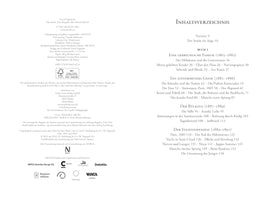 An open book in German. The left page is the copyright page for a biography of Edvard Munch titled Der Sturm, showing publisher details and sponsor logos. The right page is the table of contents, titled INHALTSVERZEICHNIS, listing chapters like Eine gebrechliche Familie and Ein aufstrebendes Genie.