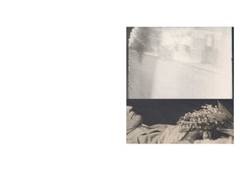 A composite of two black and white photographs stacked vertically. The top image is blurry, scratched, and overexposed, showing an indistinct scene. The bottom image is a clearer, somber photo of a person lying down with their eyes closed, a bouquet of small white flowers resting on their chest.