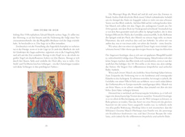 An open book showing pages 10 and 11 of a German text. The left page, titled DER STURM IM AUGE, features a colorful Expressionist painting by Edvard Munch depicting a figure in an orange-walled room. In the foreground, a bed is covered with a dark, swirling mass of multi-colored fabric. The right page contains only text.