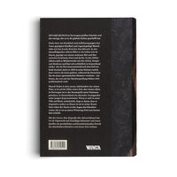 The back cover of a book about Edvard Munch, presented on a white background. The cover is black and features several paragraphs of white text in German. To the right of the text is a dark, abstract, textured pattern. At the bottom are a barcode and the word MUNCH in a bold, white, uppercase font.